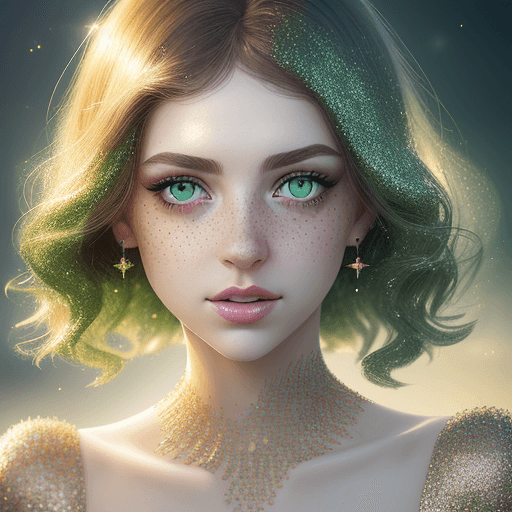 AI generated: a lady beautiful,green eyes shadow glitter with freckled skin is photographing her face, in the styl...