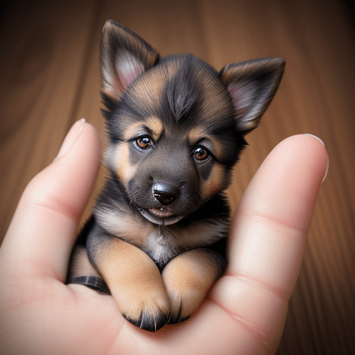AI generated: macro photography of a miniature cute German Shepherd puppy at your fingertips