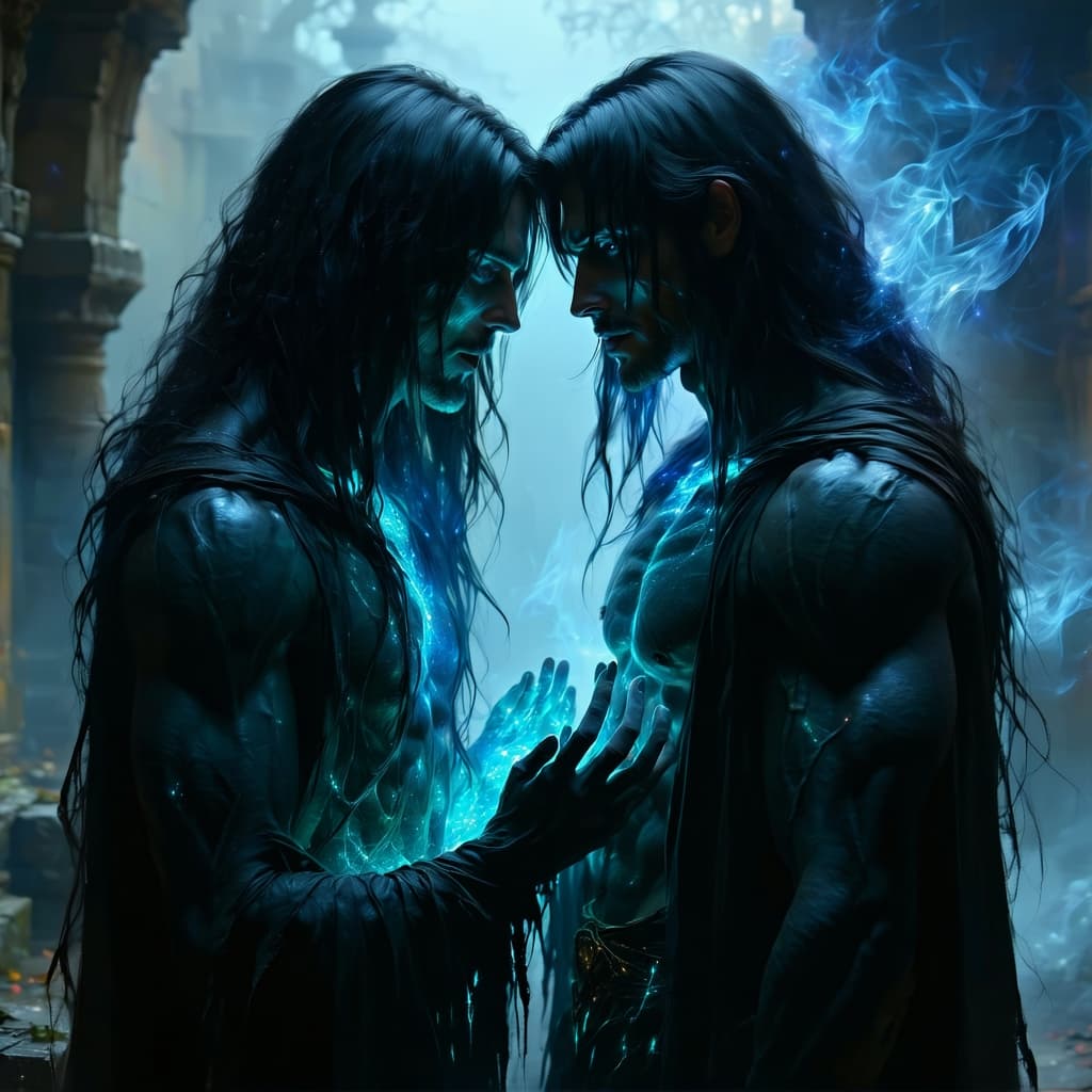 AI generated: Two ghostly, semi-transparent spirits of soulmates standing face-to-face, their faintly glowing ener...