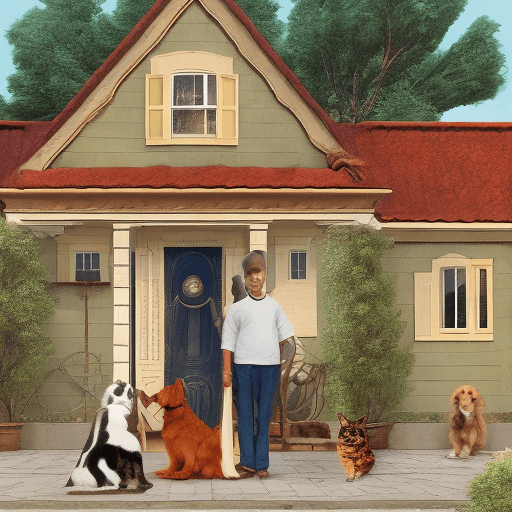 AI generated: House with person in front with a dog and a cat next to them