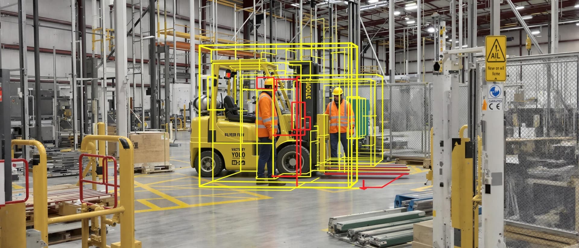 AI generated: A high-resolution image depicting a near-hit incident in a busy manufacturing site where an AI visio...