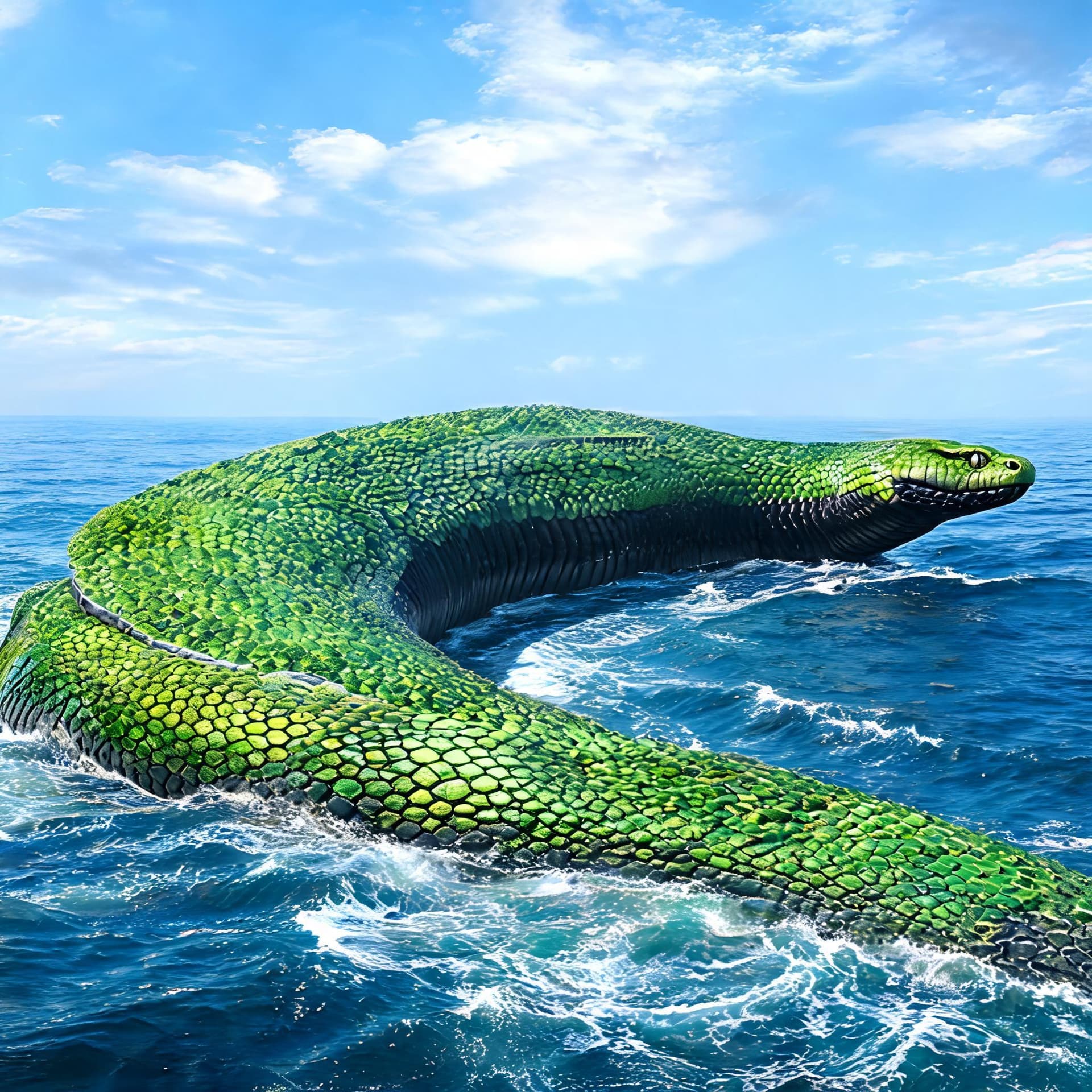 AI generated: a giant snake as big as an island that has green scales with a black belly