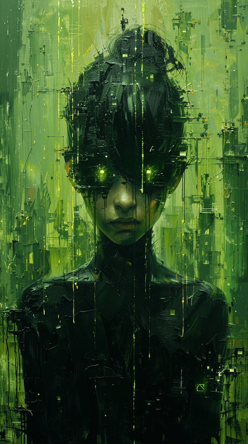 AI generated: artistic, oil painting, front view of an upper body, girl robot, heavy brush style, eyes locked in a...
