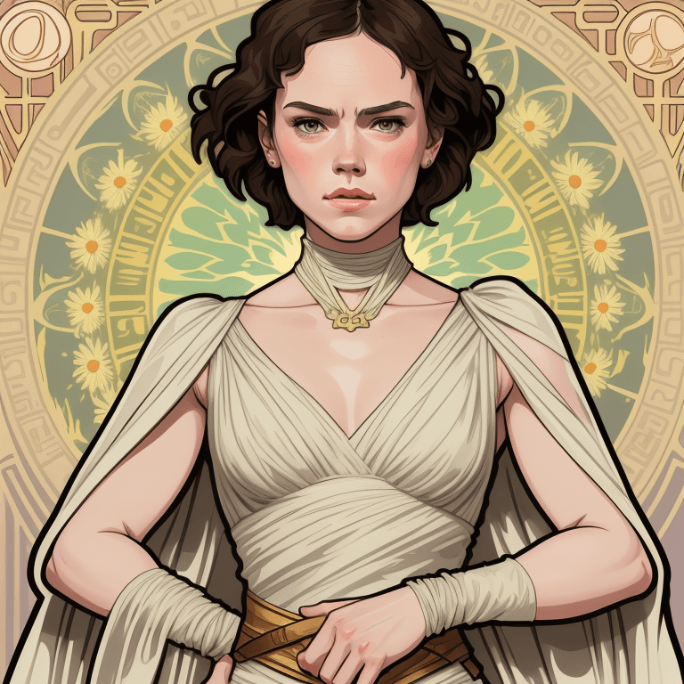 AI generated: daisy ridley drawn in the style of alphonse mucha