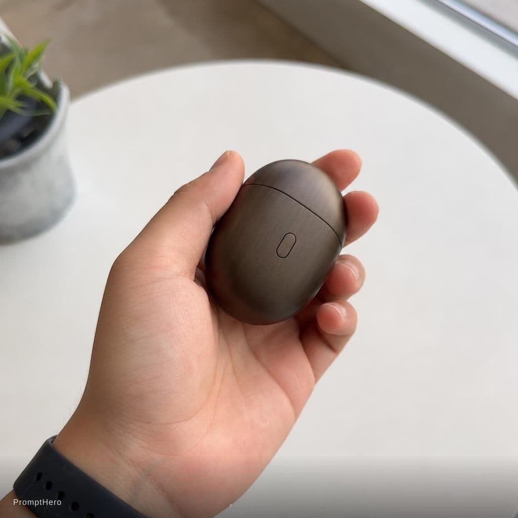 AI generated: POV shot of one hand holding a compact oval pod with matte dark wood-toned metallic finish, subtle s...