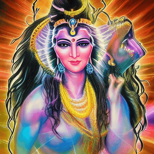 AI generated: Shiva a full color realizando su danza en un espacio armónico en el espacio infinito, con rostro con...