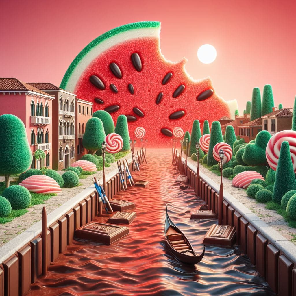 AI generated: imagen realista de un paisaje de Venecia, estilo golosinas, el rio es de chocolate y en los bordes h...