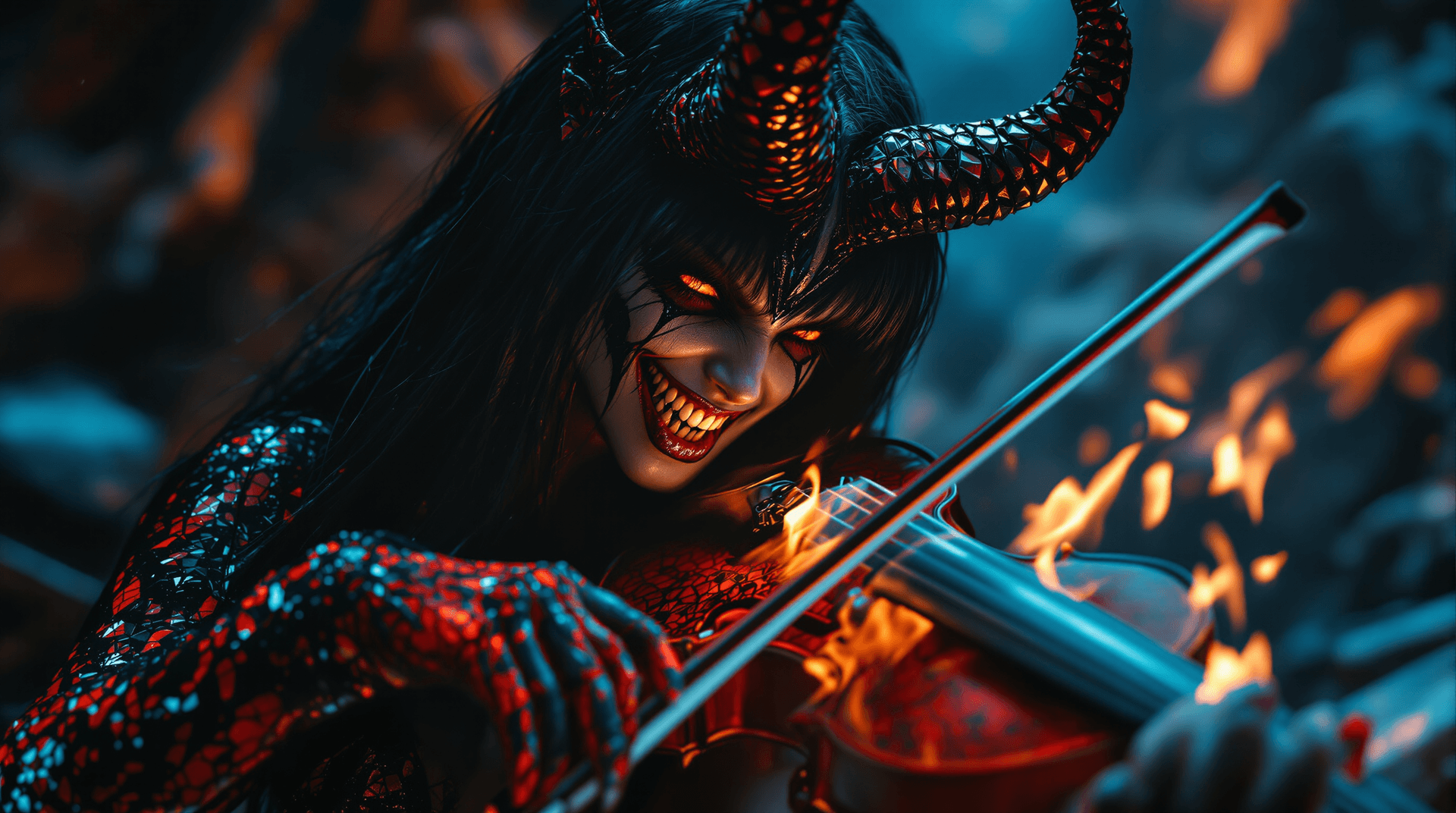 AI generated: A centered close-up shot focusing on the demonic musician's smiling face (showing her vampire teeth)...