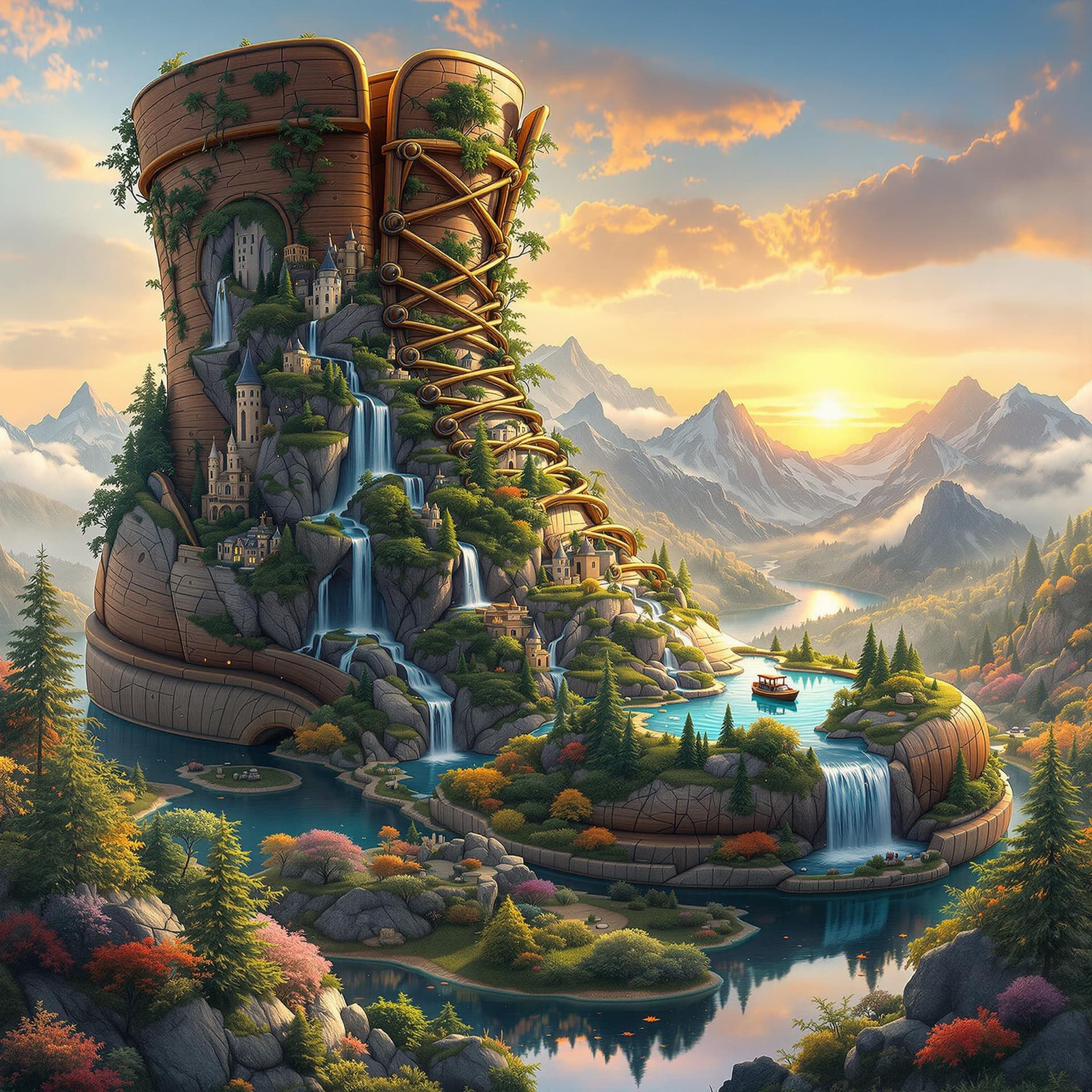 AI generated: Enormous boot-shaped world, vibrant landscape within.  Detailed, intricate, fantastical environment,...