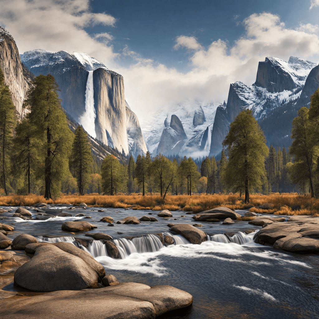 AI generated: yosemite valley view at noon, with waterfalls, snowy mountains, forests, and rivers connected with w...
