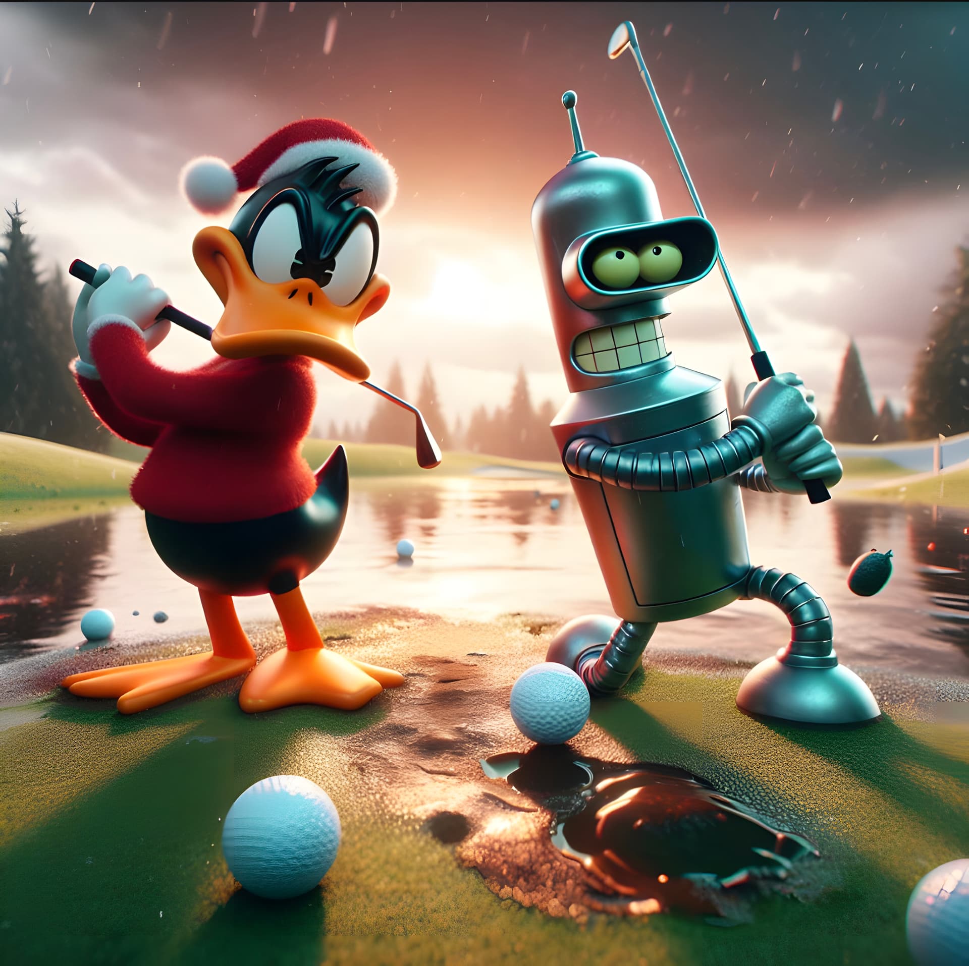 AI generated: Daffy Duck swinging golf clubs with Bender from Futurama on a waterlogged green, wearing Santa hats,...