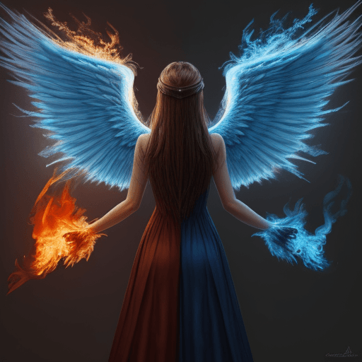 AI generated: Photorealistic art style. Angel wings on fire. The color of the fire is blue color