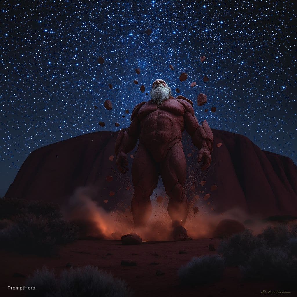 AI generated: uluru,transforming/ morphing into an old man rising to his feet,rock and bushes falling off him,nigh...