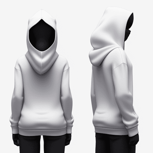 AI generated: hoodie, 3D model, front and back views in one image, white colour of a background, photorealism, 4k,...