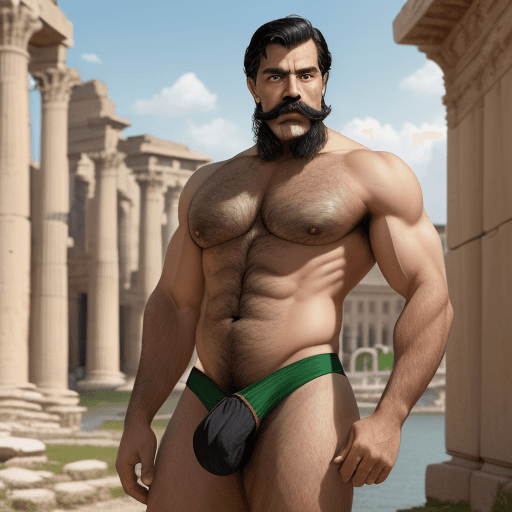 AI generated: Mature man, mustache beard, black hair, green thong, hairy, handsome, muscular, head to toe photo, s...