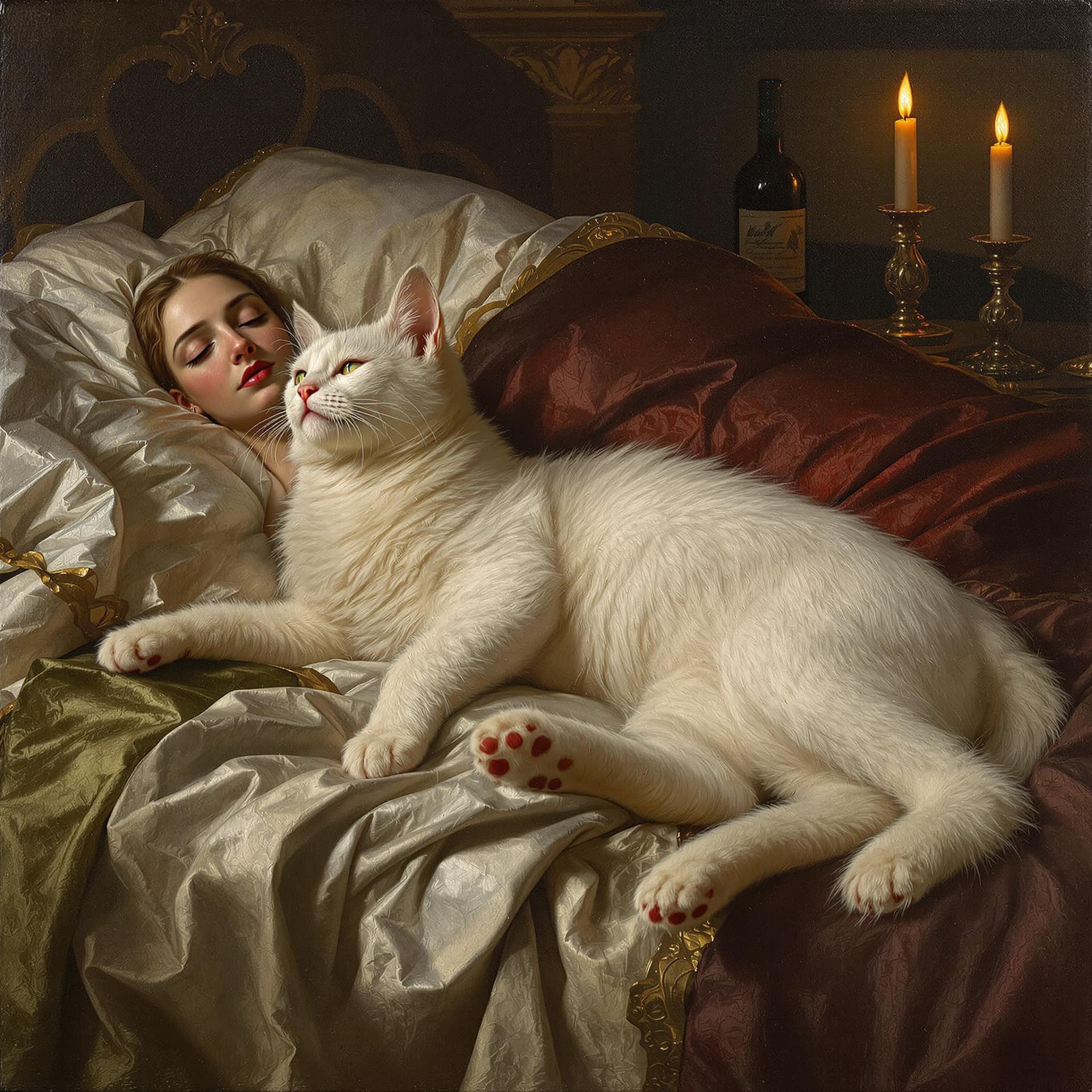 AI generated: white cat in Renaissance, laying in a luxury bed like a Madonna, drinking red vine, in a venician pa...