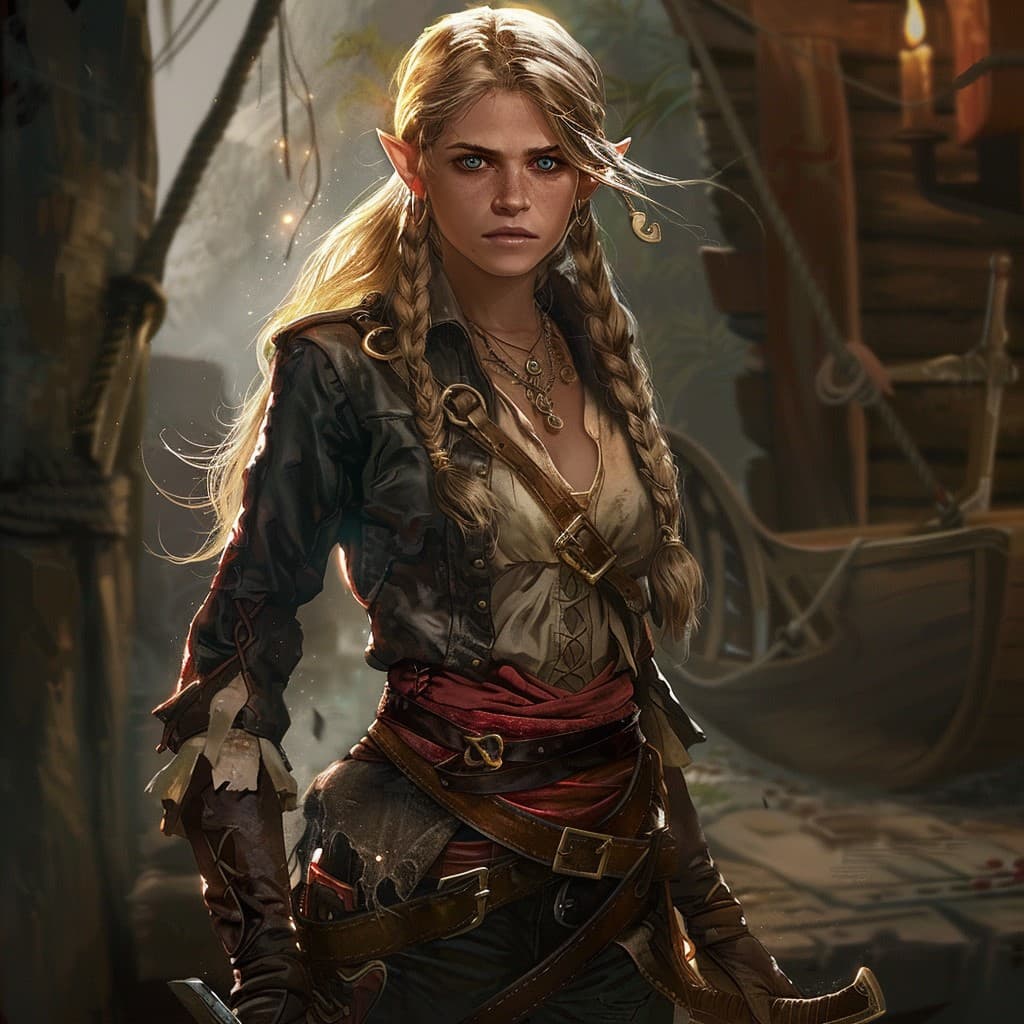 AI generated: Female elf pirate, dnd, full body, photo realistic