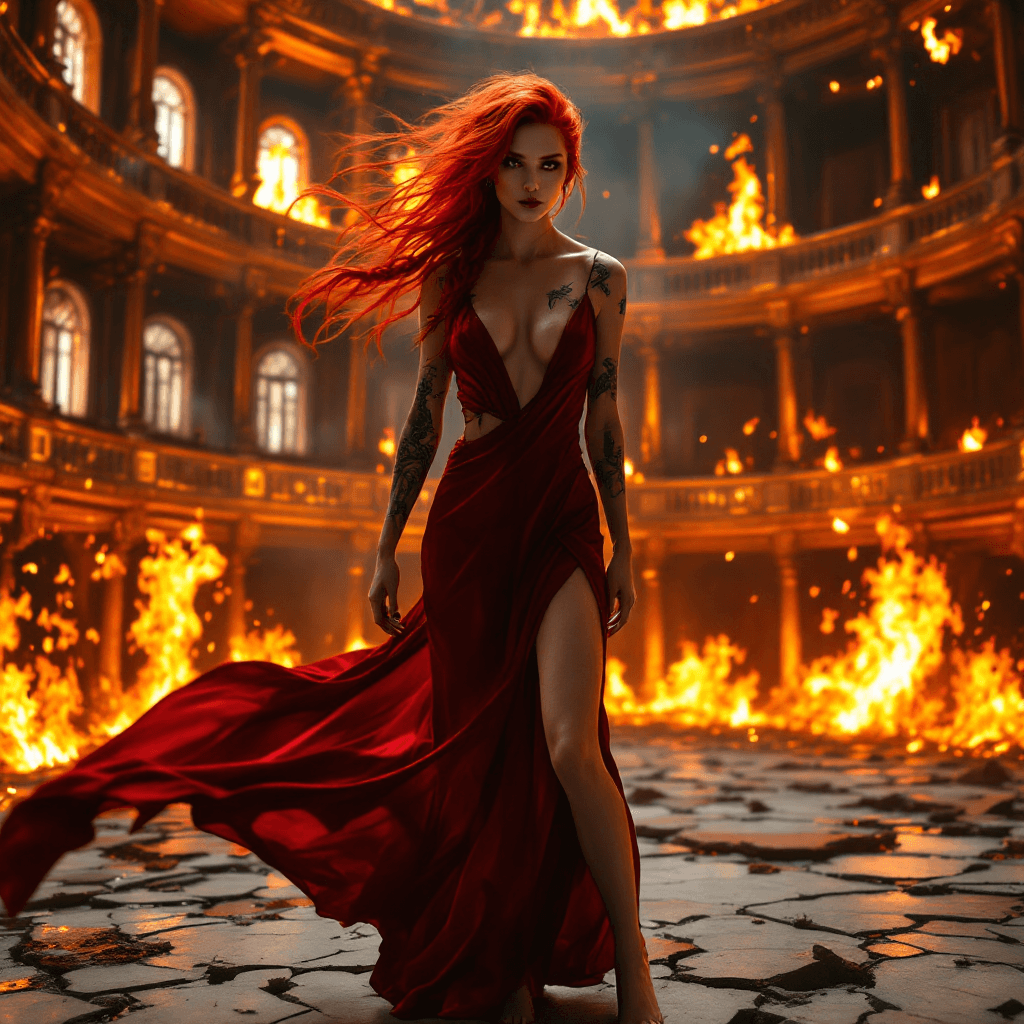 AI generated: A hyper-realistic, full-body 8K cinematic photo of a fit, very pale woman with neon red hair styled ...