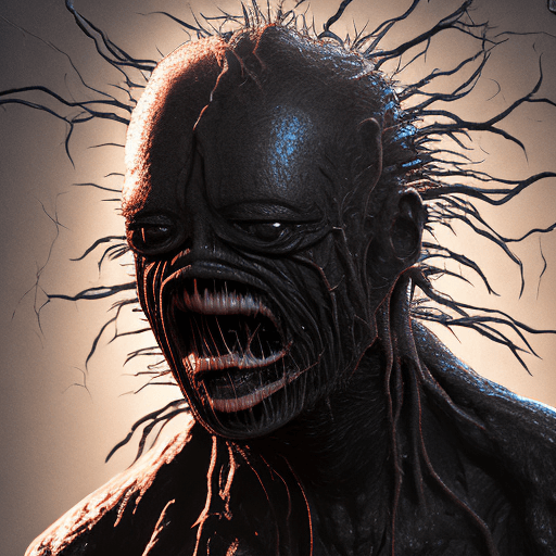 AI generated: scary mutated man with dark eyes , body covered with black matter in the style of the movie the thin...