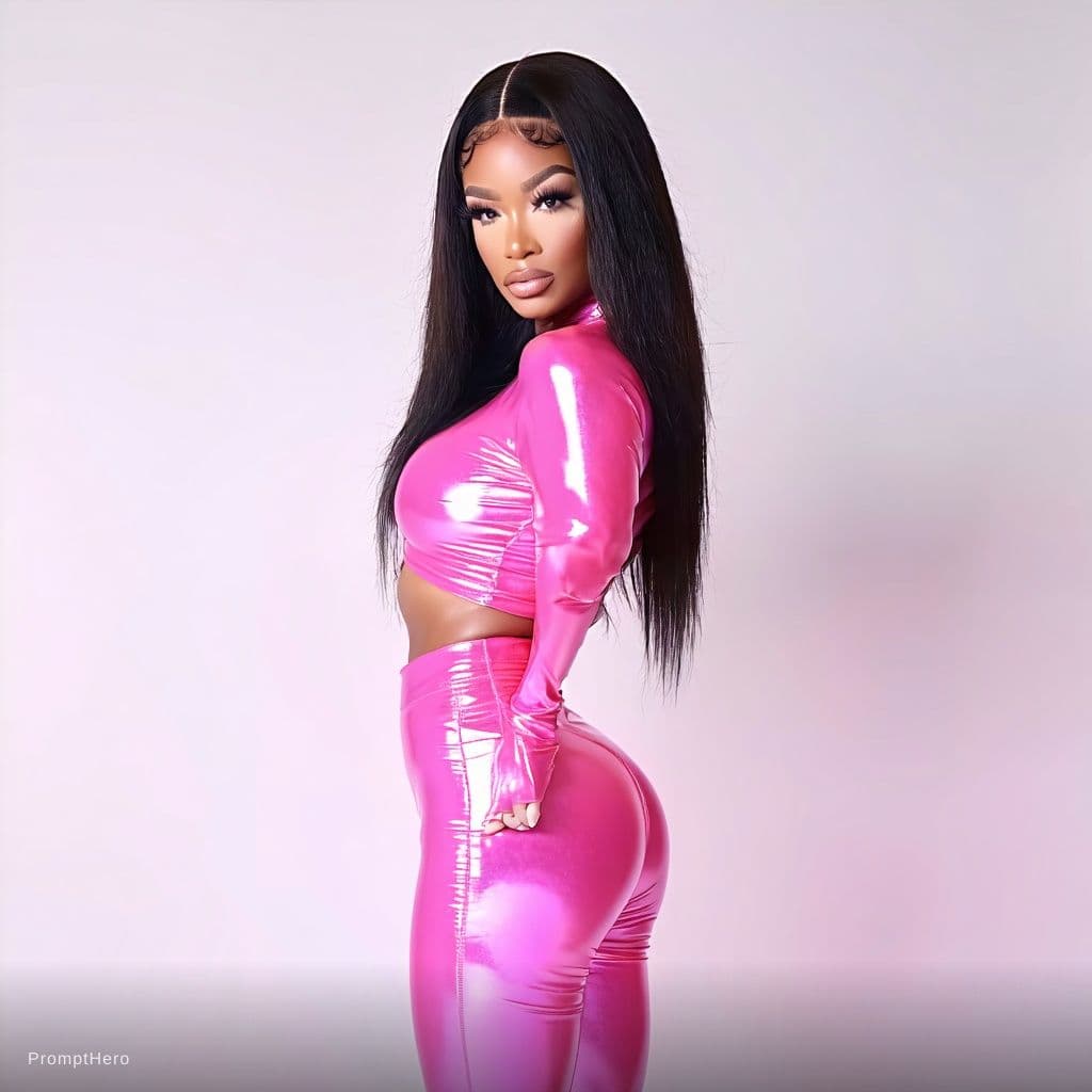 AI generated: 8k ultra-photorealistic full-body portrait. Cinematic "Glossy Pink Retro Sport" high-fashion editori...