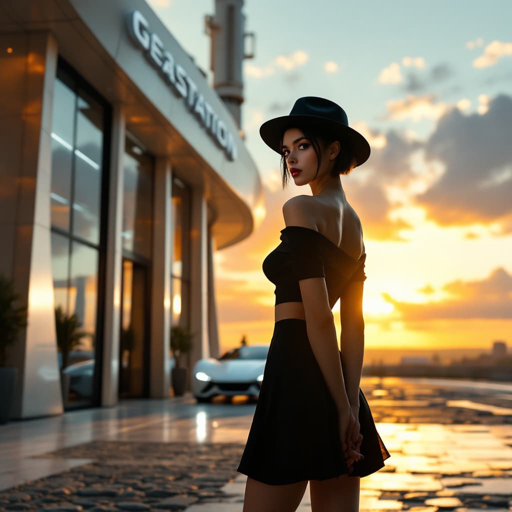 AI generated: Full body view  of a stylish beautiful girl out of a future geasstation store, near a  air cushion c...