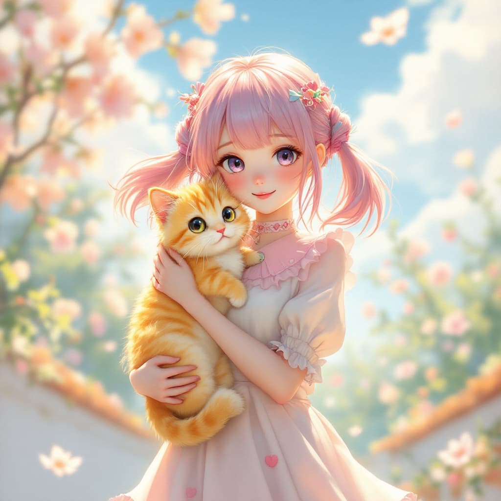 AI generated: A young, anime-inspired catgirl with pastel pink hair tied in twin tails, wearing a frilly white blo...