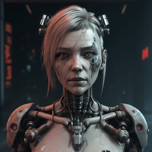 AI generated: A beautiful cyborg lady with dirty and damaged synthetic skin, rusty metal arms, cyberpunk, mature f...