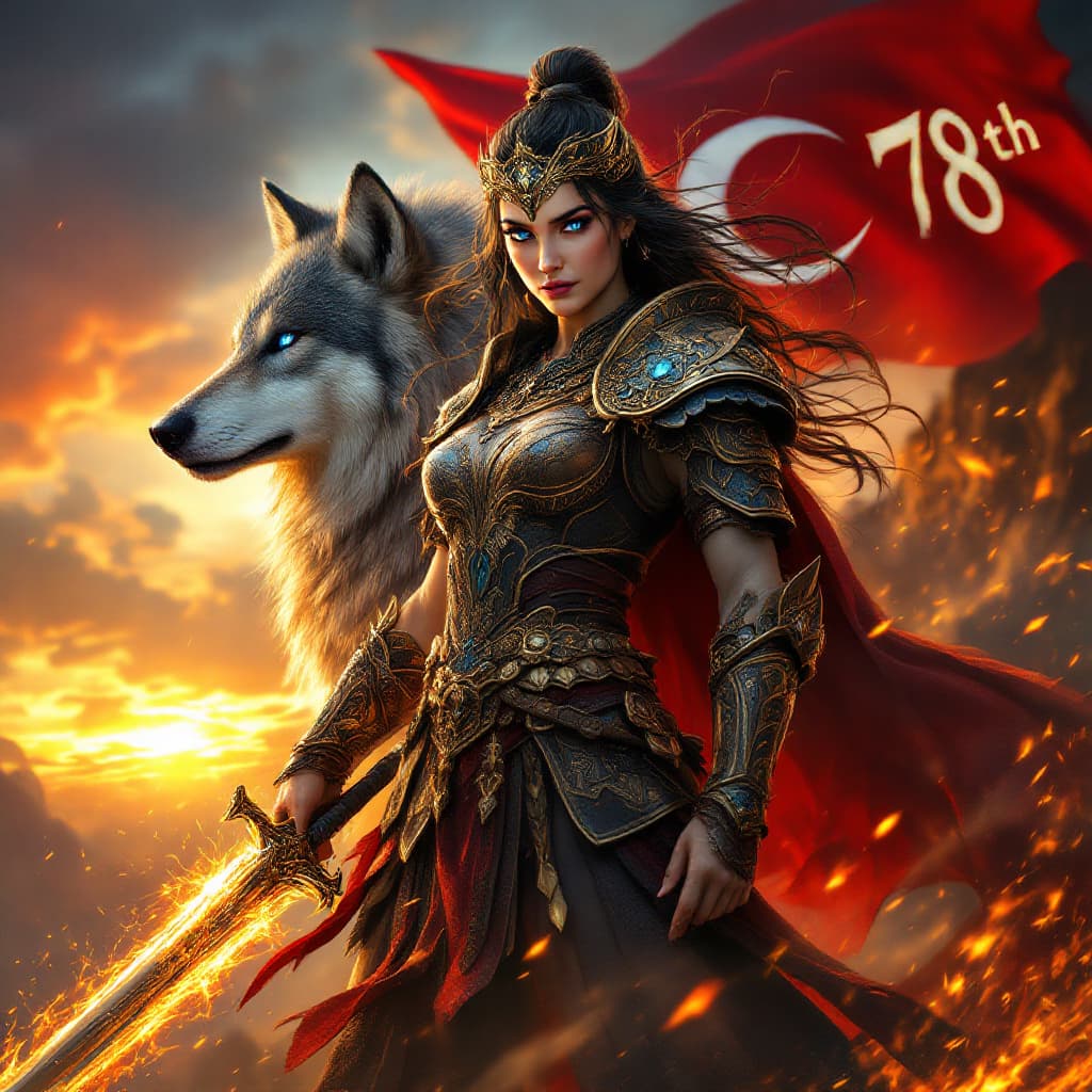 AI generated: A fierce Turkish warrior lady clad in traditional armor inspired by ancient Turkish mythology, holdi...