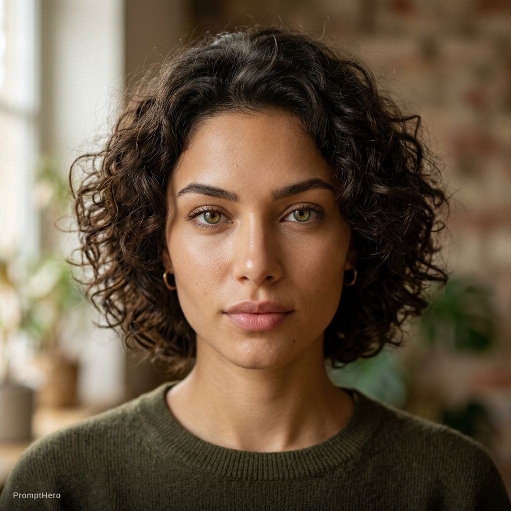 AI generated: Ultra-realistic portrait of a 20 years old woman with striking hazel-green eyes, intense and symmetr...