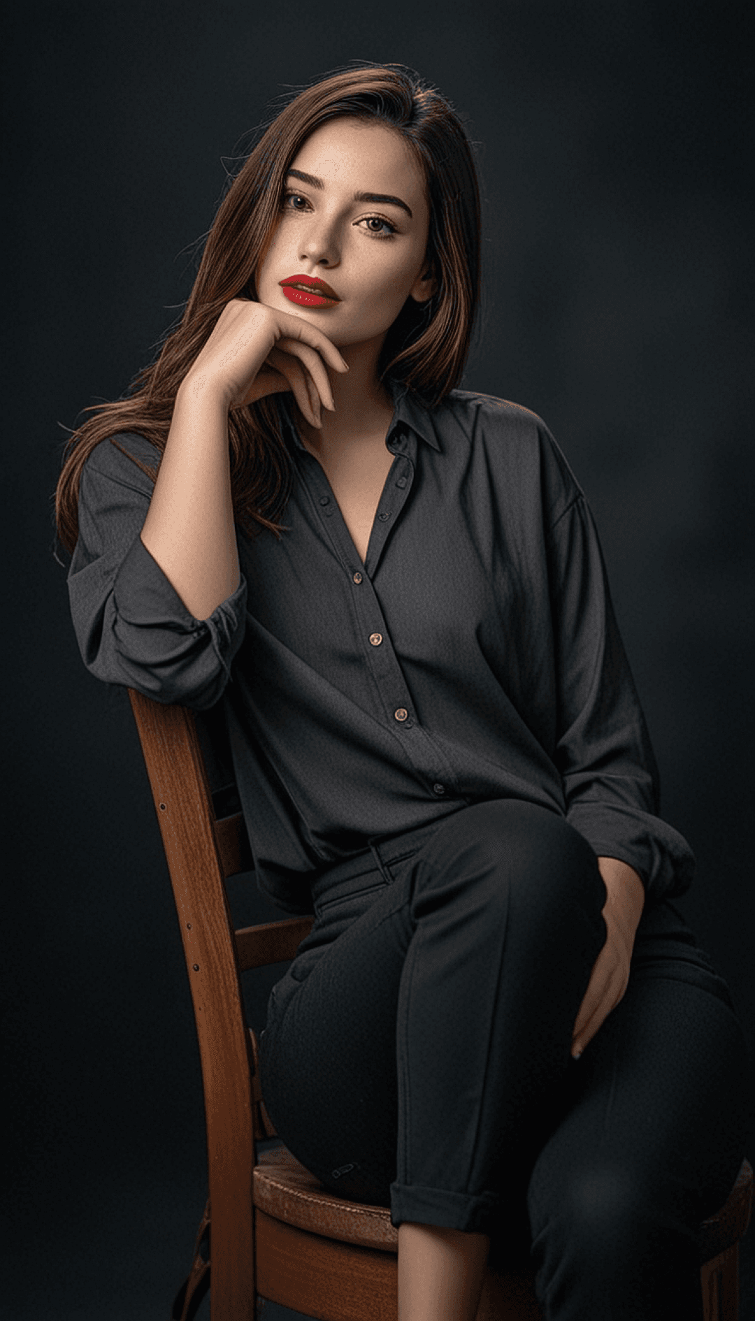 AI generated: A woman with fair skin, red lipstick, and long brown hair, wearing a dark gray button-up shirt and d...