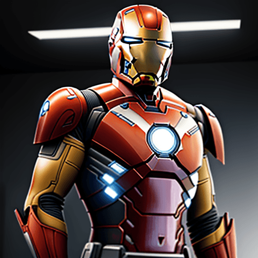 AI generated: Mandalorian style ironman, bust, perspective view, iron-man, silver color, sleek, solid orange backd...