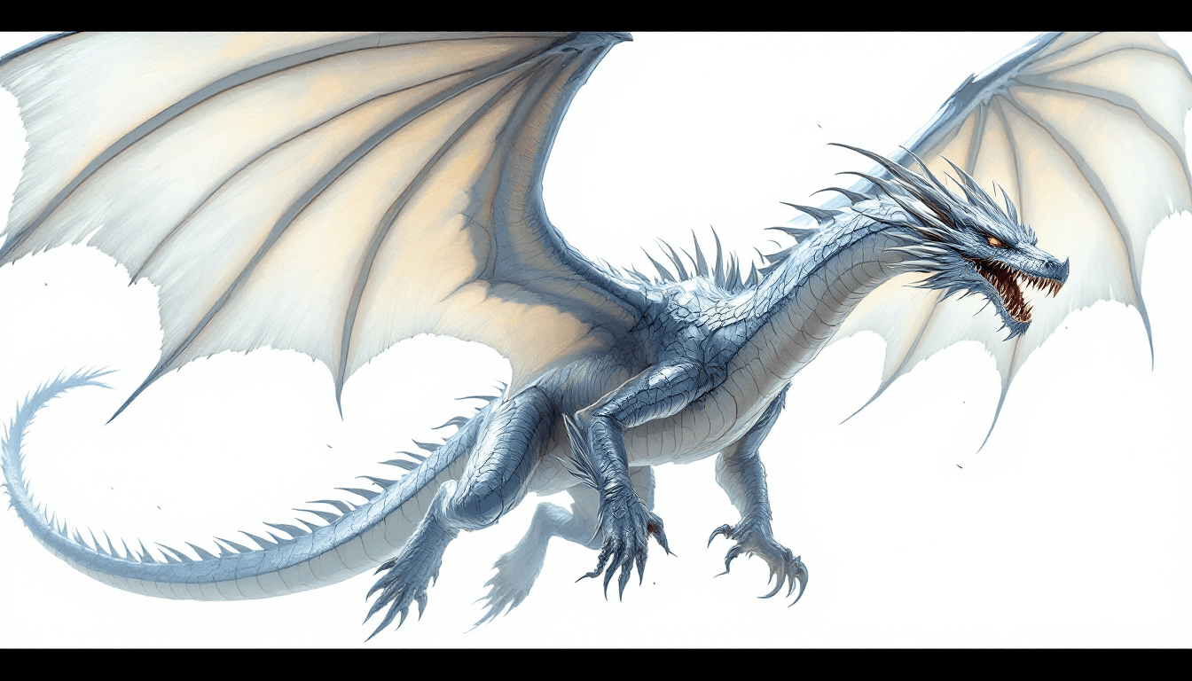 AI generated: platinum dragon in flight, dramatic fantasy style.  Large, luminous leathery wings outstretched, sho...
