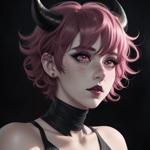 AI generated: anime style, Handsome woman with pink medium short curly hair, freckles, revealing her big deep pink...