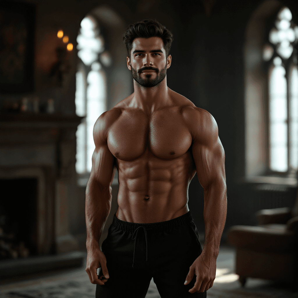 AI generated: High resolution photography portrait clean muscular man, dark hair handsome boyfriend happy, wears s...