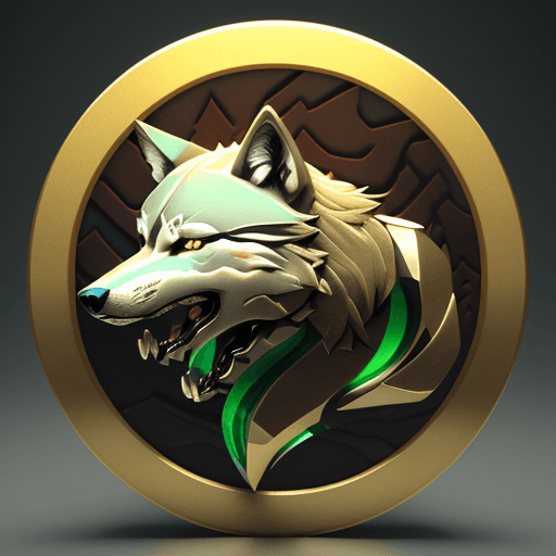 AI generated: 3d realistic round logo carved with a wolf with a fierce open mouth facing forward, a background of ...