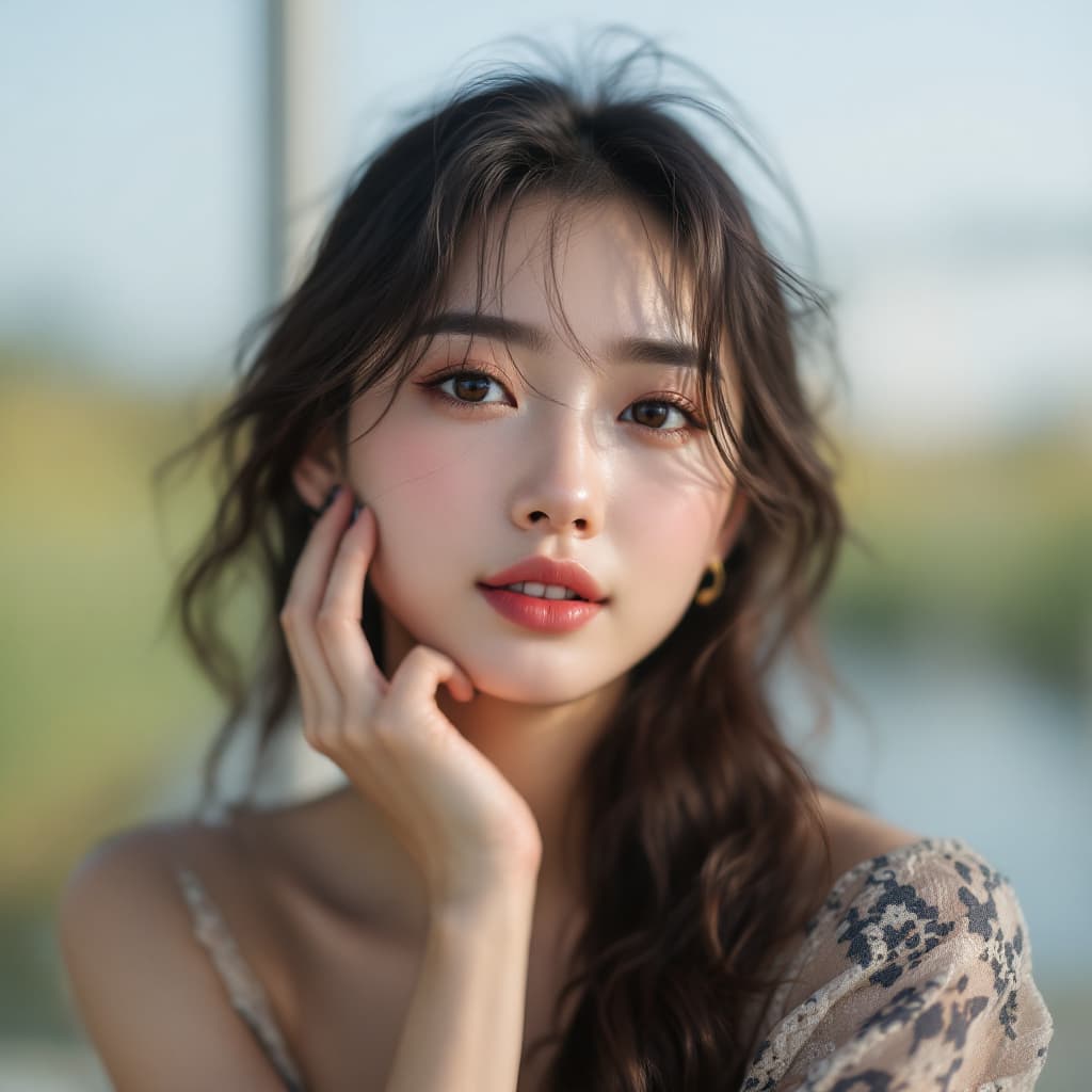 AI generated: Social media influencer photoshoot, Asian beauty standards, natural pose, hyperrealistic, photoreali...