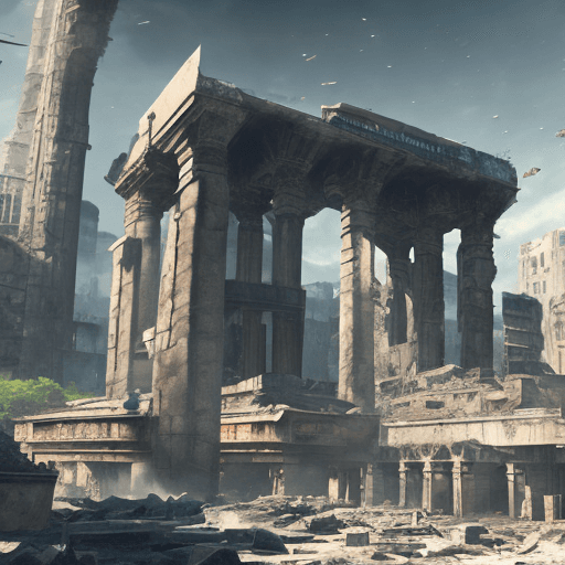 AI generated: High resolution stunningly futuristic ruins ruins of the city after the apocalypse, epic side shot, ...