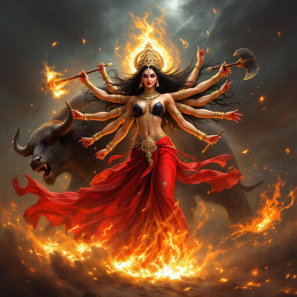 AI generated: Durga stands radiant in a flowing red sari wearing a stylish  black bra, paired with high-waisted he...