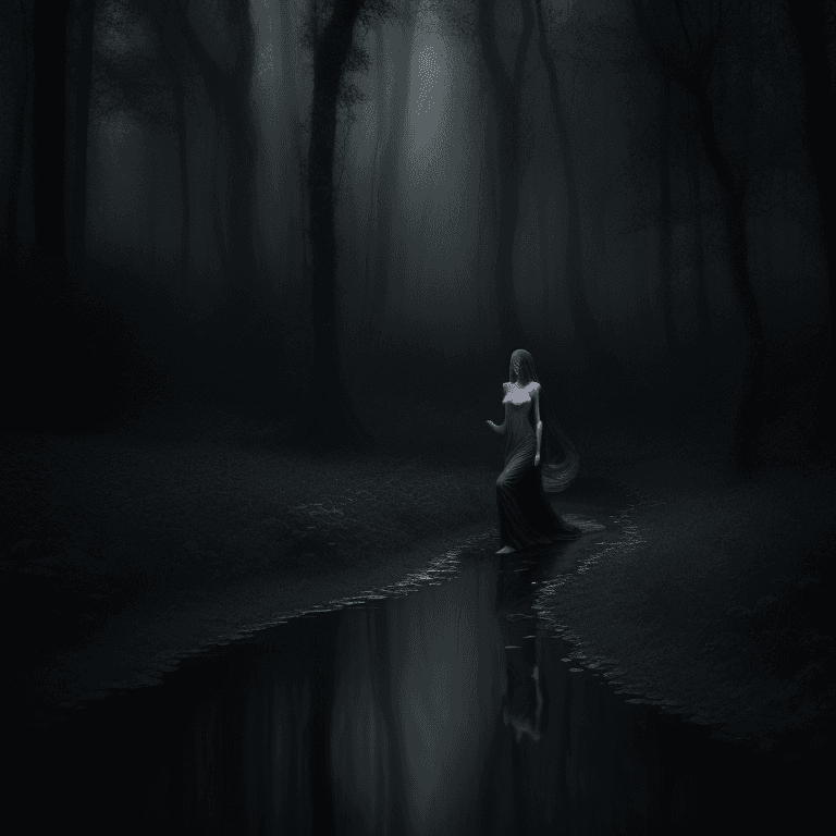 AI generated: enchanted forest, dark, moody, mystical, naked woman, walking through a stream, long dress, midjourn...
