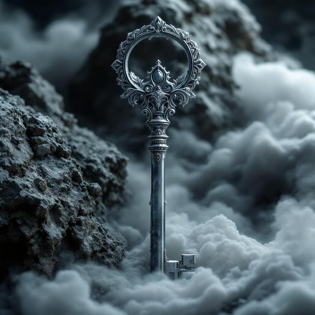 AI generated: Create a key made of Grey Agate with wind and sound merging at the hilt and the teeth of the keys ar...