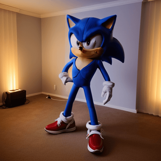 AI generated: a sonic head dressed as james bond in a bland room decked out for birthday party