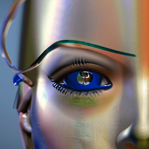 AI generated: front direct view portrait of blond woman head, brown eyes, metalic skin, disappearing into the pati...