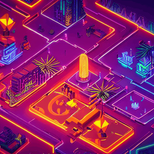AI generated: Stylized tarot card neon sunset synthwave dark ambient isometric glowing city 3d living city popping...
