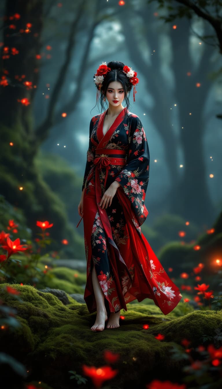 AI generated: Full body view of A stunning, elegant woman in a dark, enchanted forest, walk gracefully on a moss-c...