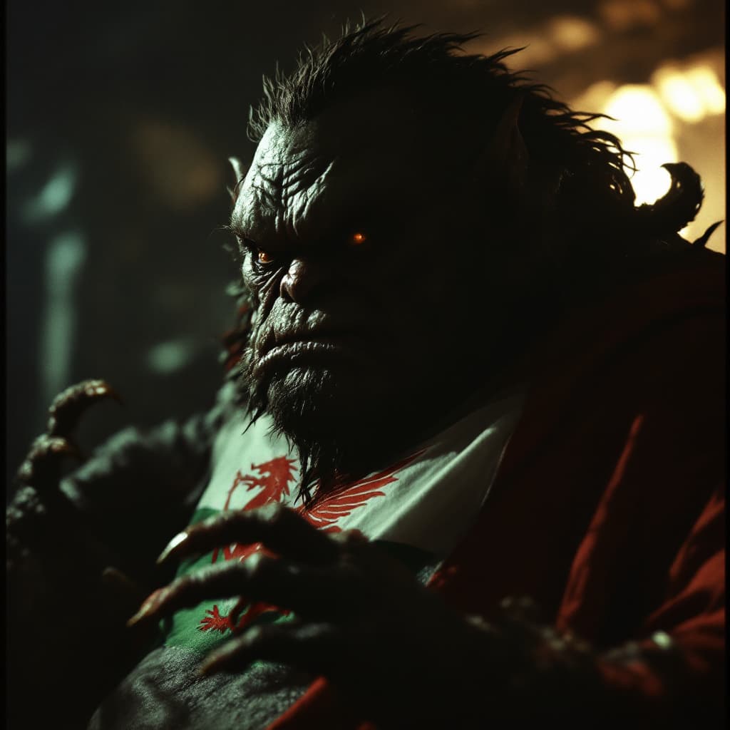 AI generated: w31rd13sfl1, chimera, monster, grainy vintage Cinematic scene, an ugly fat Welsh ogre wearing a Wale...