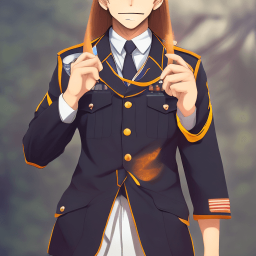 AI generated: Beautiful highschool boy in uniform turns around with a smile with tears, long hair in buns, anime, ...