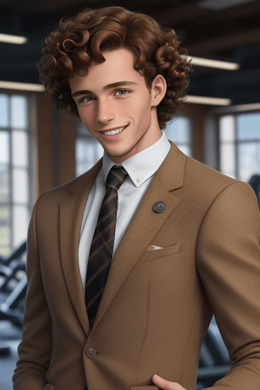 AI generated: Photo of toned young European man with curly brown hair smiling confidently wearing sports jacket in...