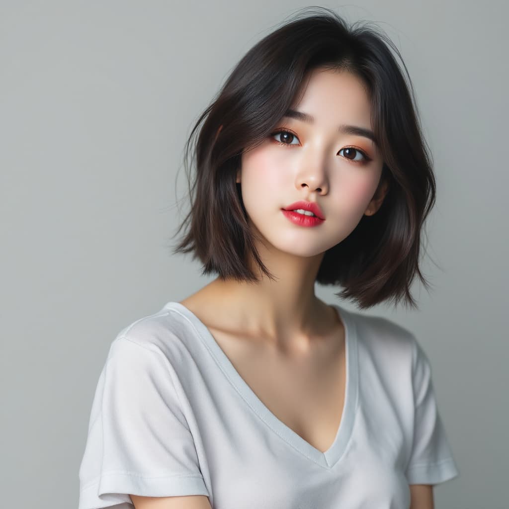AI generated: photo of an Asian girl with short hair wearing a v-neck t-shirt, kPop style, neutral background to h...