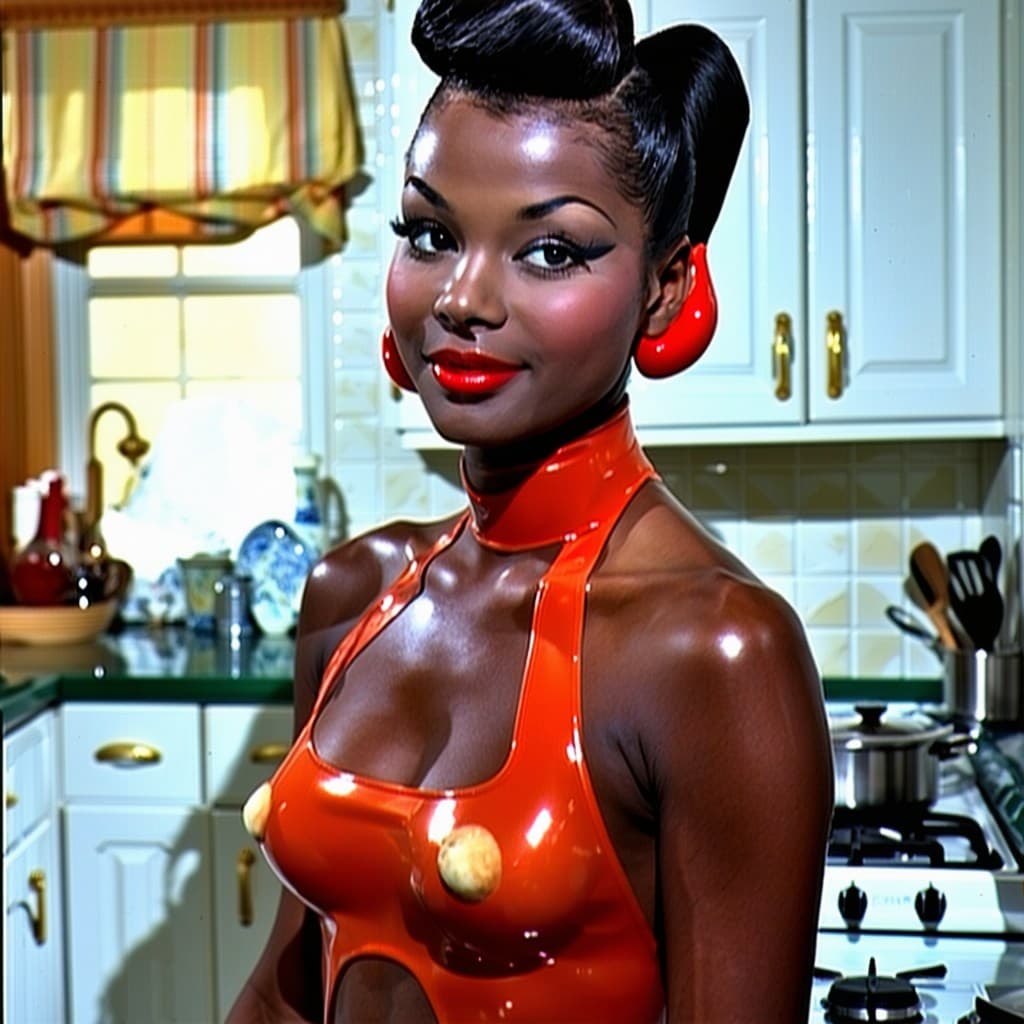 AI generated: 1955,  pin up ultra-feminine man, uber-gay, Ethiopian , dark, ebony skin, in a kitchen,cooking,eroti...