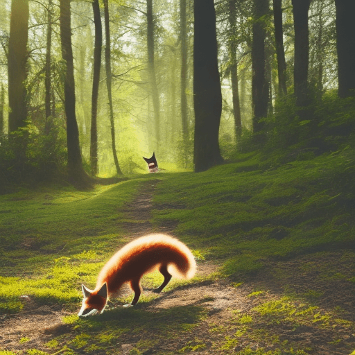 AI generated: a small fox wandering through a beautiful forest in spring. A light ray is directly shining at it
